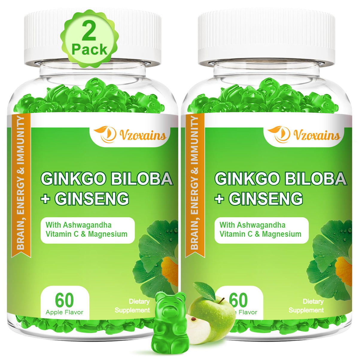 VZOXAINS Ginkgo Biloba Gummies bottle front for daily focus and mood support