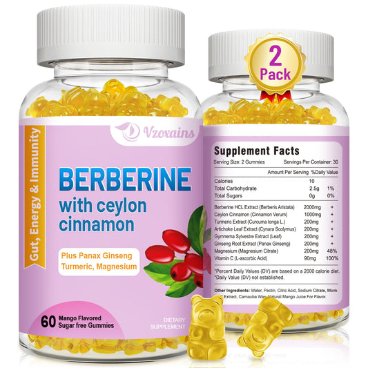 VZOXAINS Berberine gummies bottle with mango flavor for daily immune and digestive support.