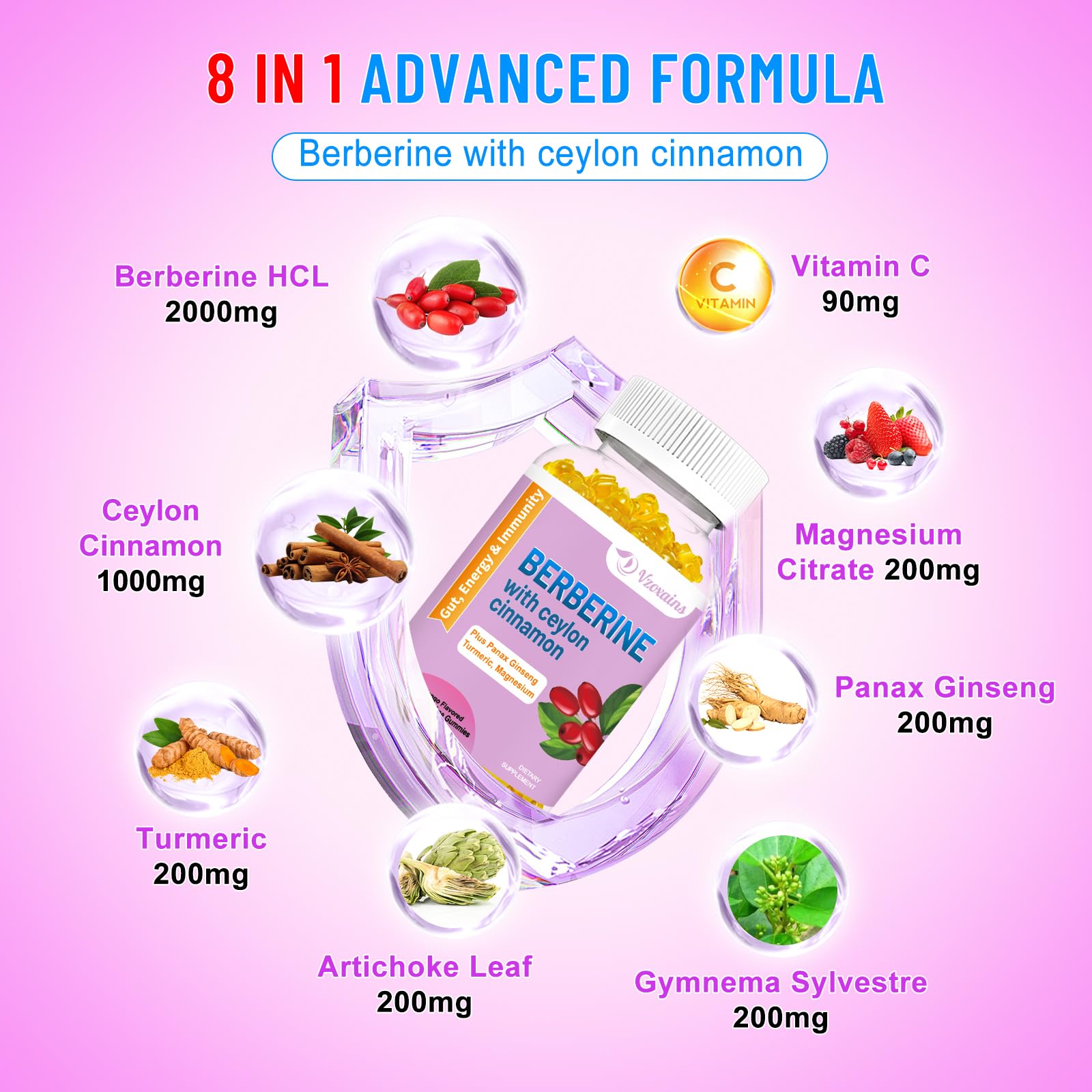 Front packaging of VZOXAINS gummies emphasizes easy, everyday wellness with berberine.