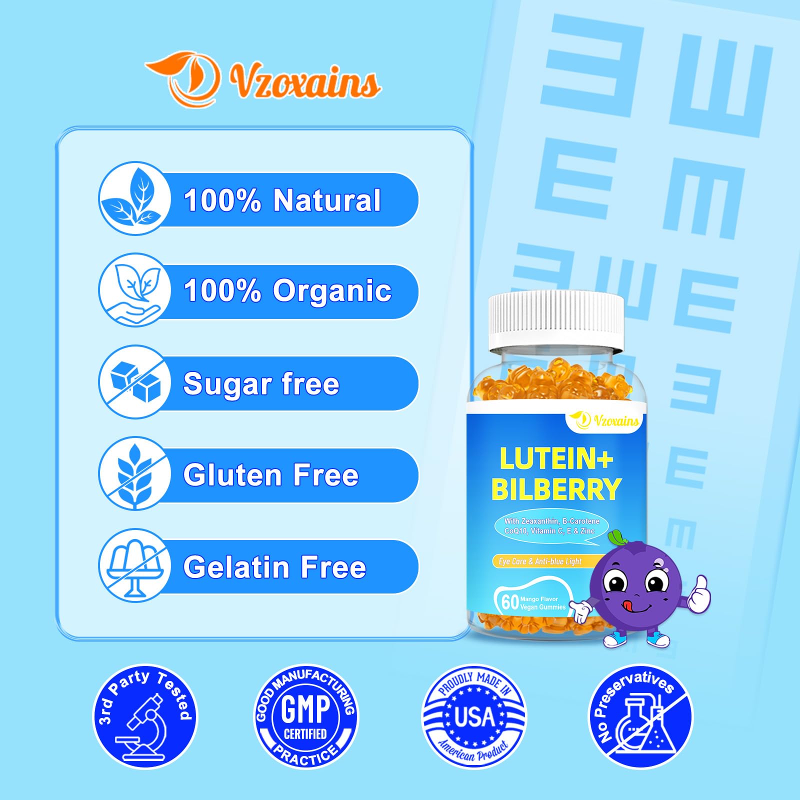 VZOXAINS label illustration emphasizes clean ingredients and quality assurance