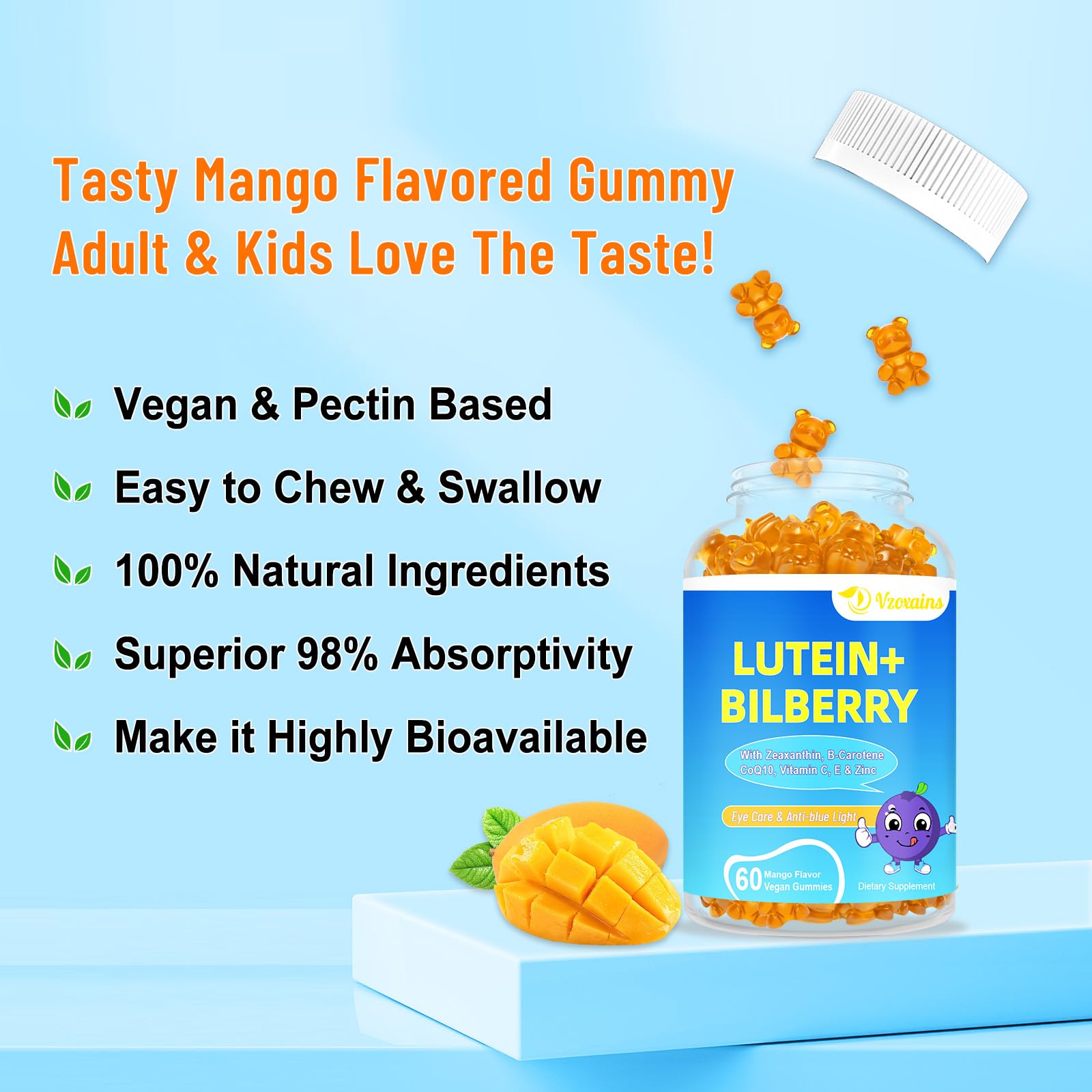 VZOXAINS mango flavor gummies scene suggests pleasant taste and zero sugar