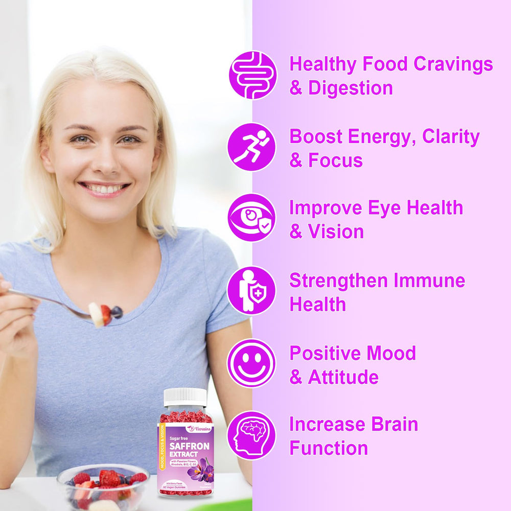 VZOXAINS saffron gummies berry flavor close-up invites tasty, sugar-free snacking.