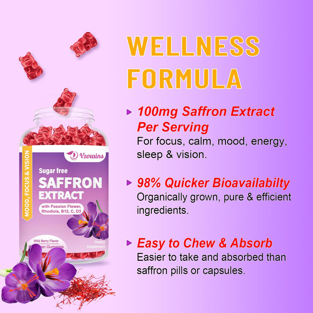 VZOXAINS saffron gummies daily routine use suggests focus and mood support.