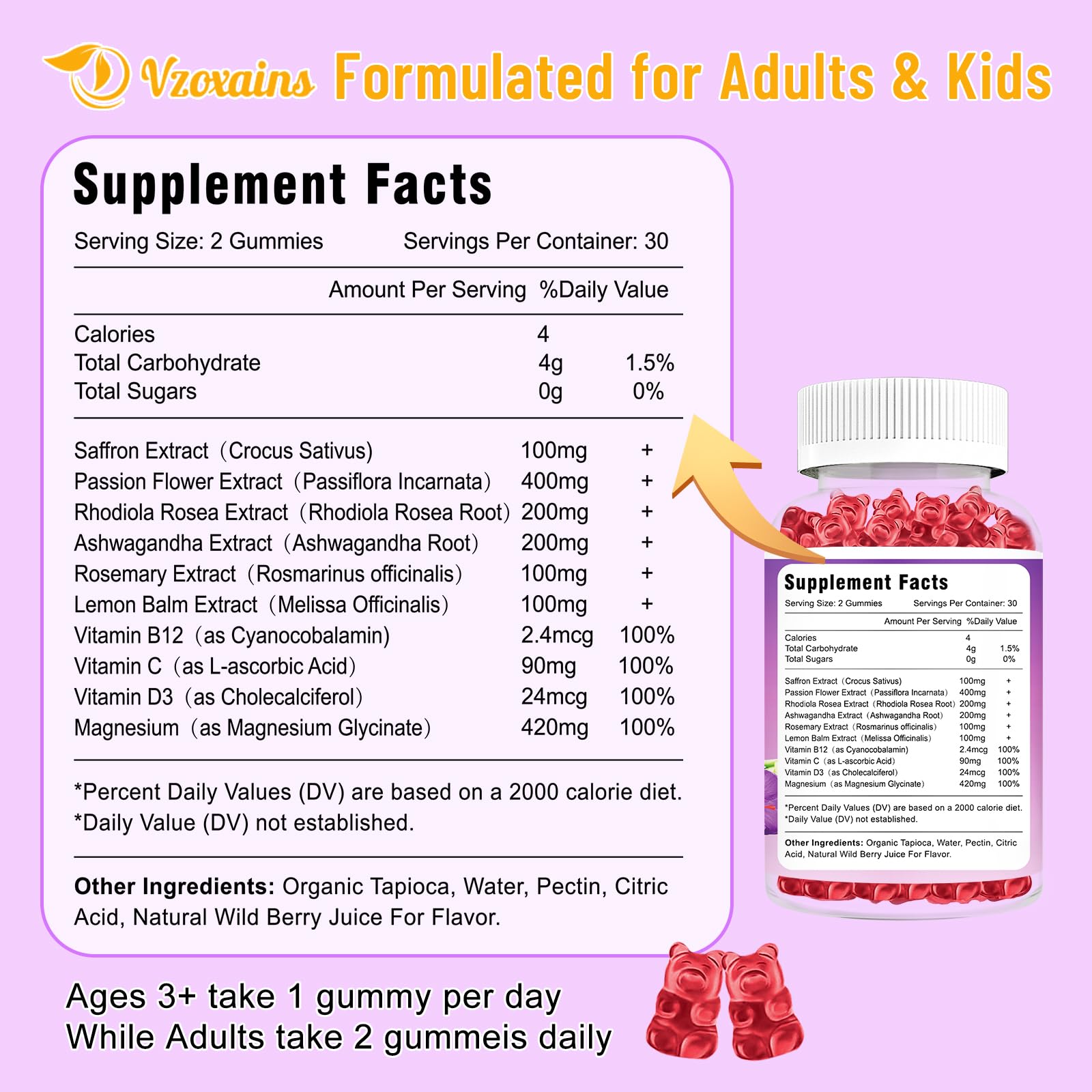 VZOXAINS saffron gummies ingredients panel highlights 10-in-1 formula benefits.