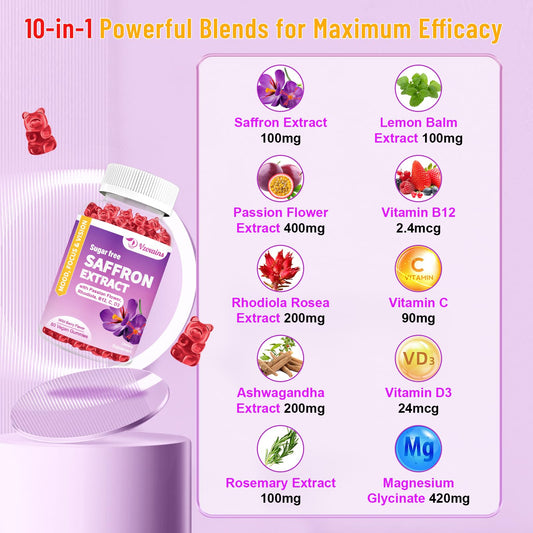 VZOXAINS saffron gummies pack open showing 60 gummies, 30-day supply.