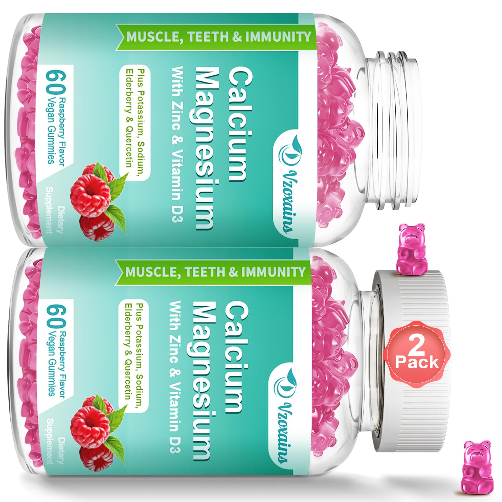 VZOXAINS calcium gummies bottle with raspberry flavor for daily supplementation.