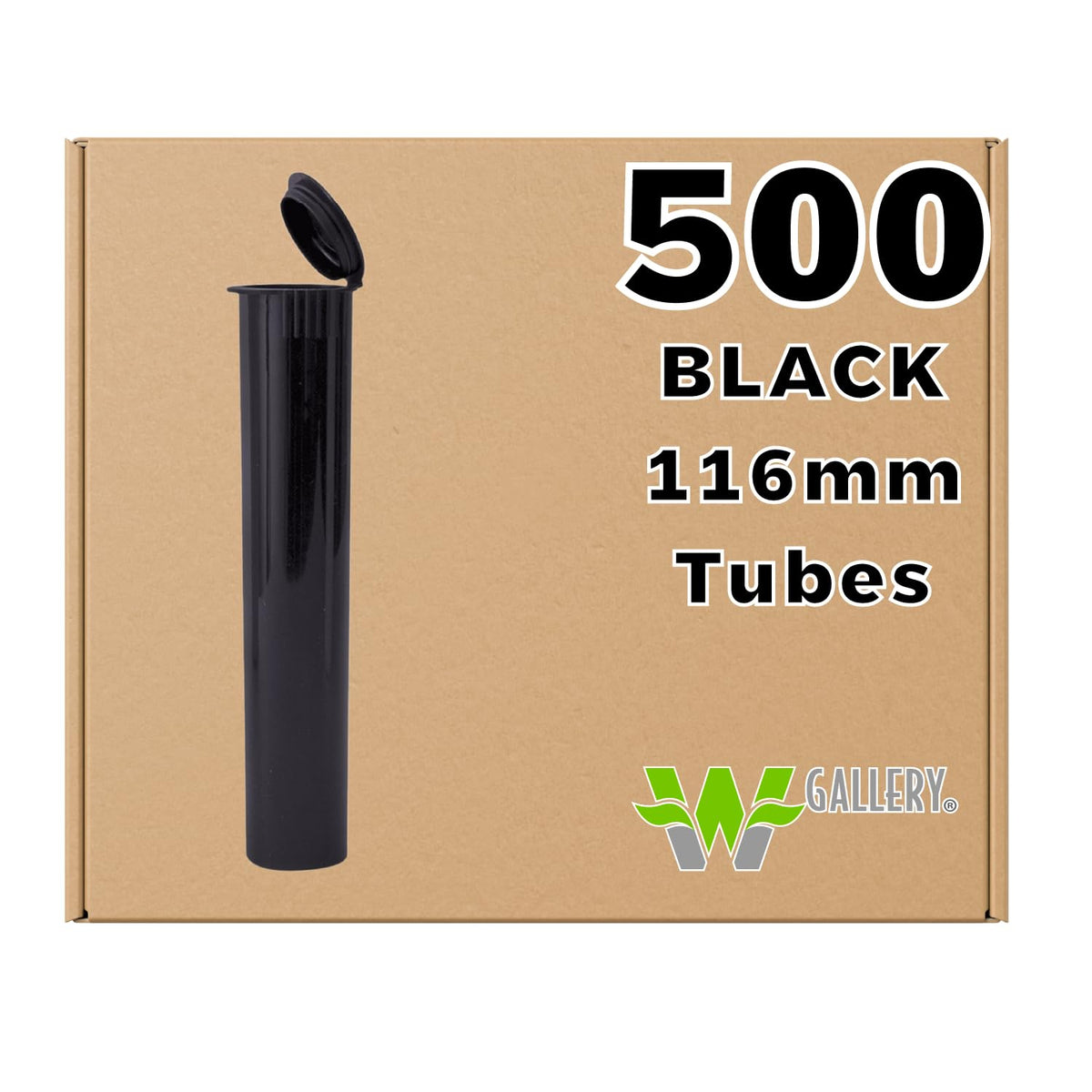 W Gallery 500 black 116mm open cap pop-top tube demonstrates easy access while preserving freshness