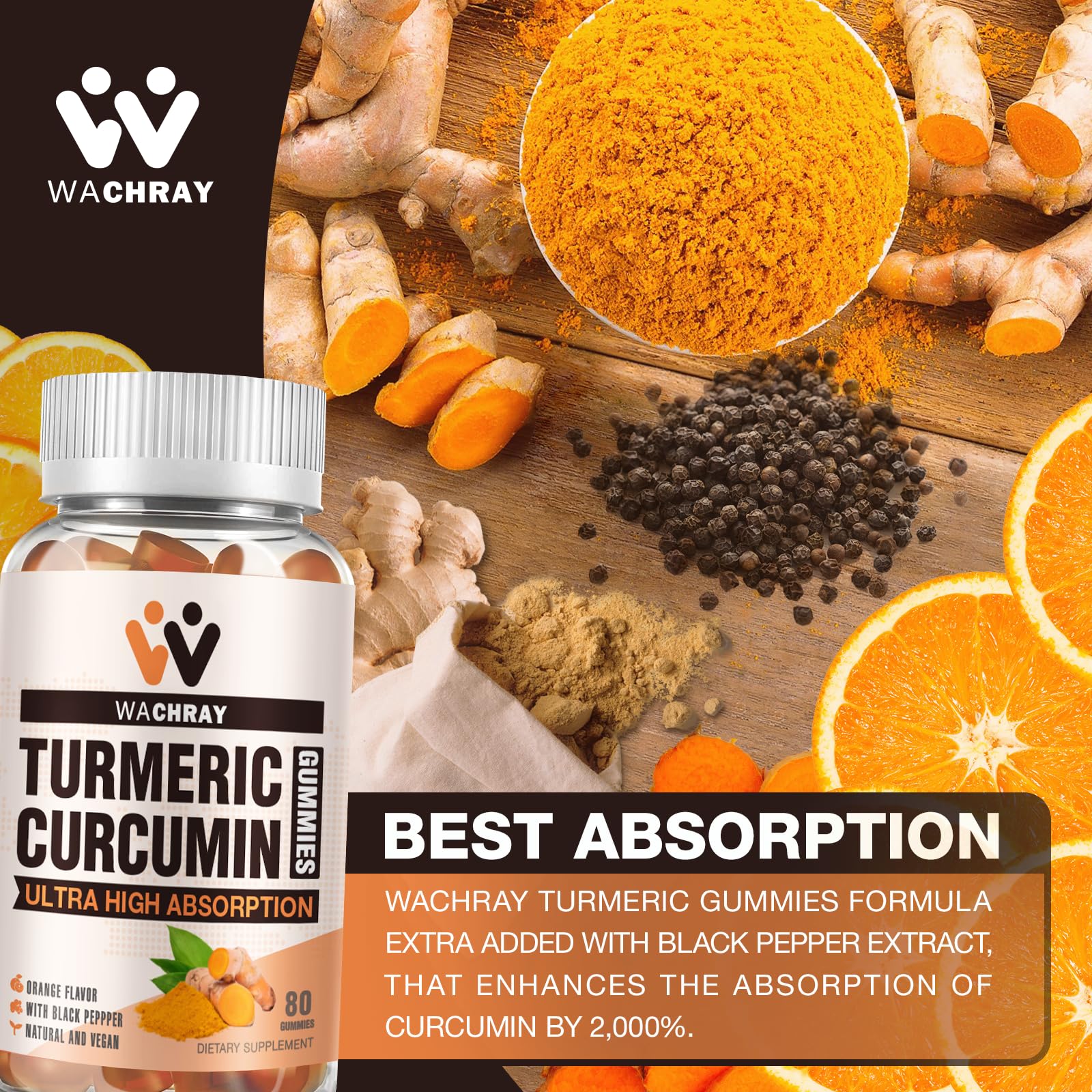 WACHRAY Turmeric Curcumin Gummies bottle side view, convenient daily wellness for joints.