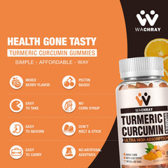 WACHRAY Turmeric Curcumin Gummies ingredients illustration highlighting ginger and pepper for absorption.