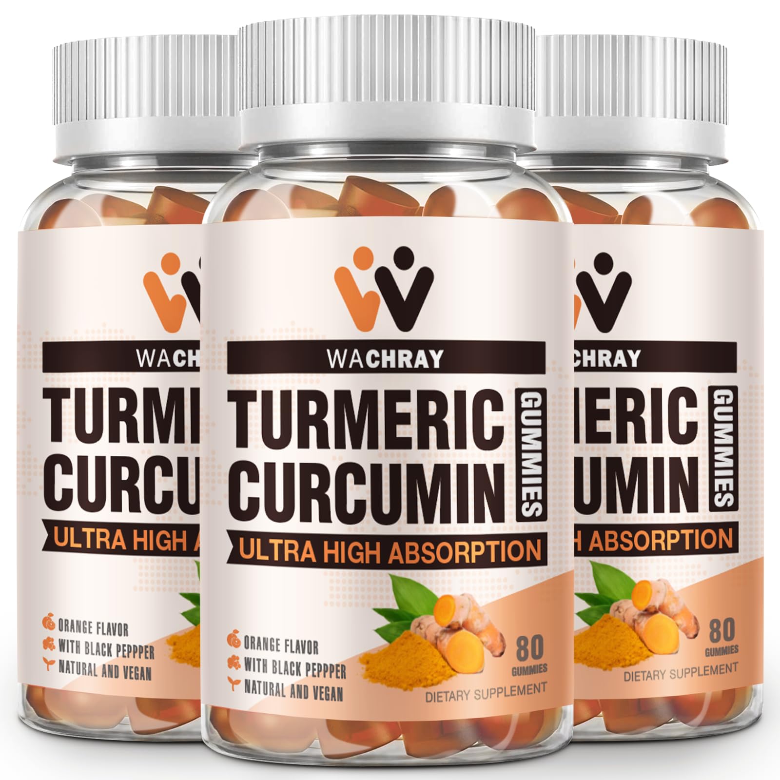 WACHRAY Turmeric Curcumin Gummies jar closeup showing potential joint support.