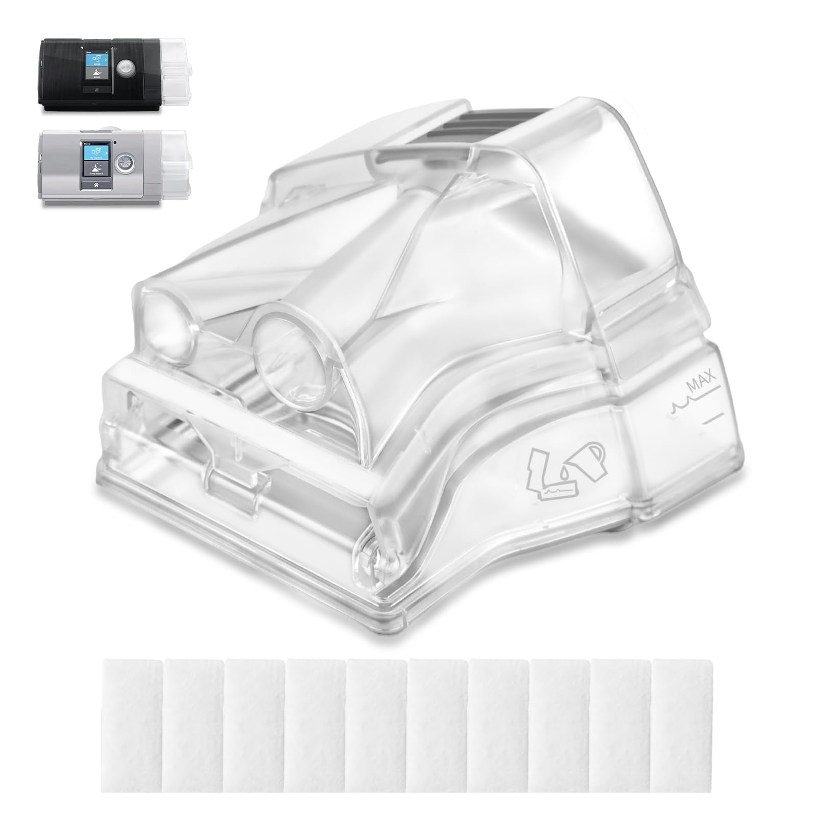 Wagleriz AirSense 10 water chamber front view with a perfect fit for leak-free humidification.