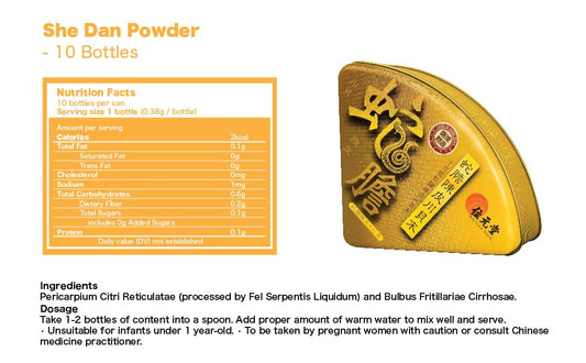 Closeup of Wai Yuen Tong She Dan Powder packaging showing herbal formula for respiratory comfort.