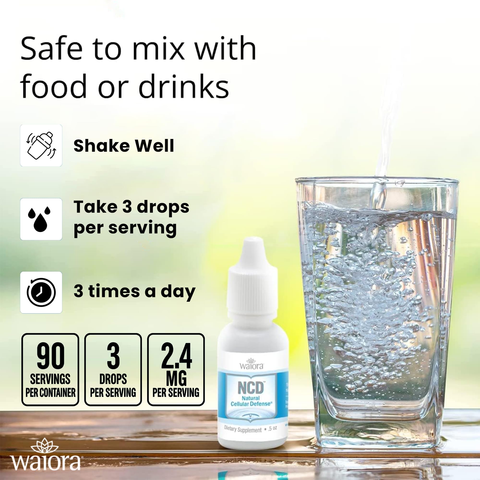 Waiora NCD bottle label detail reinforces trusted brand since 2004.