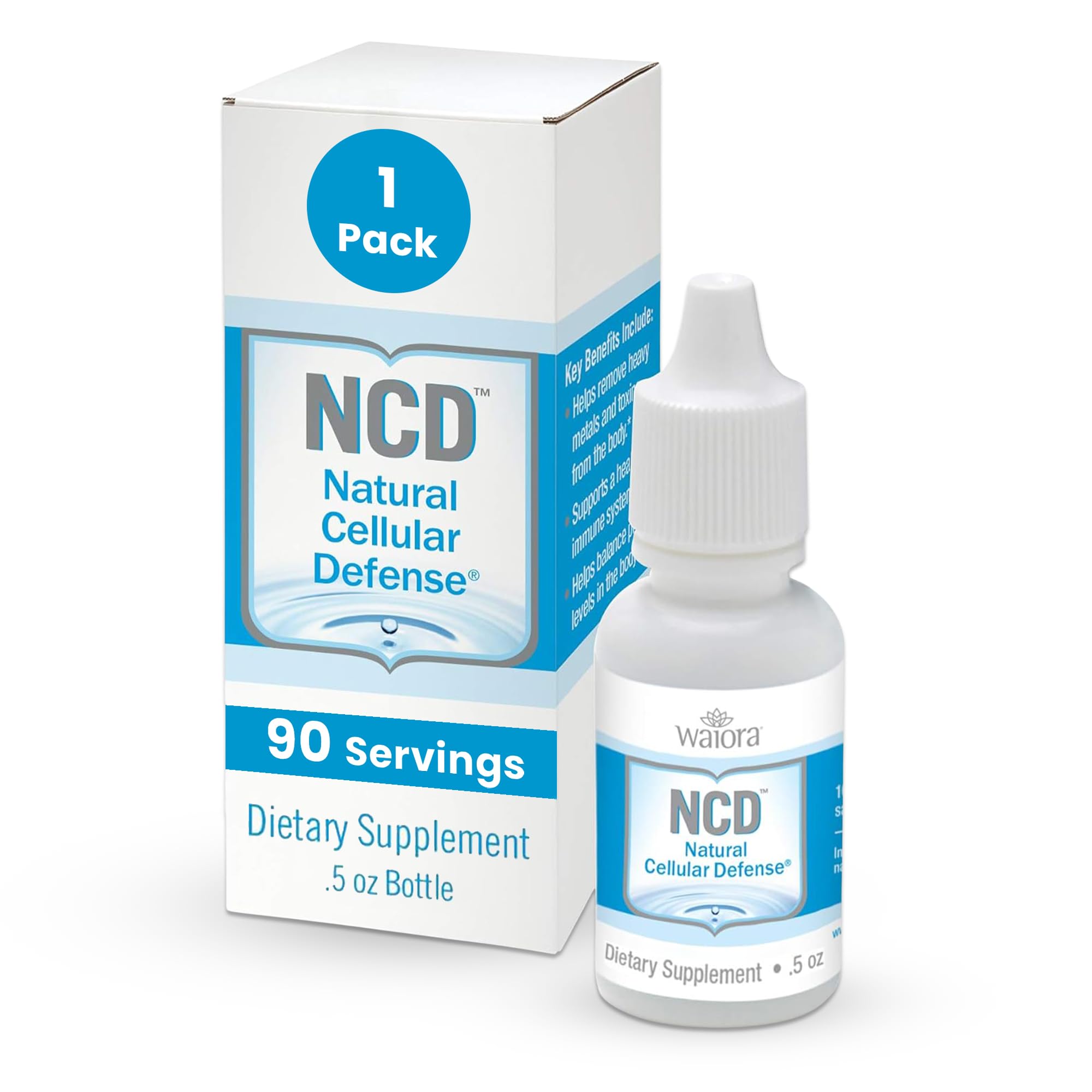 Waiora NCD liquid bottle close-up highlights mineral blend for daily immune support.
