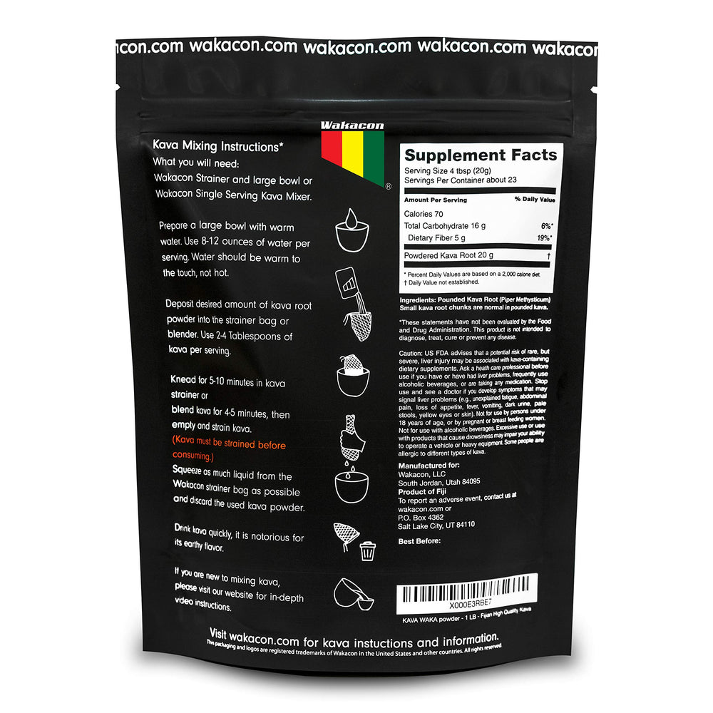 Wakacon Kava Waka Powder processed Fiji root close-up highlighting authentic origin