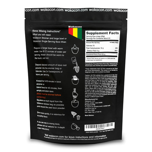 Wakacon Kava Waka Powder processed Fiji root close-up highlighting authentic origin
