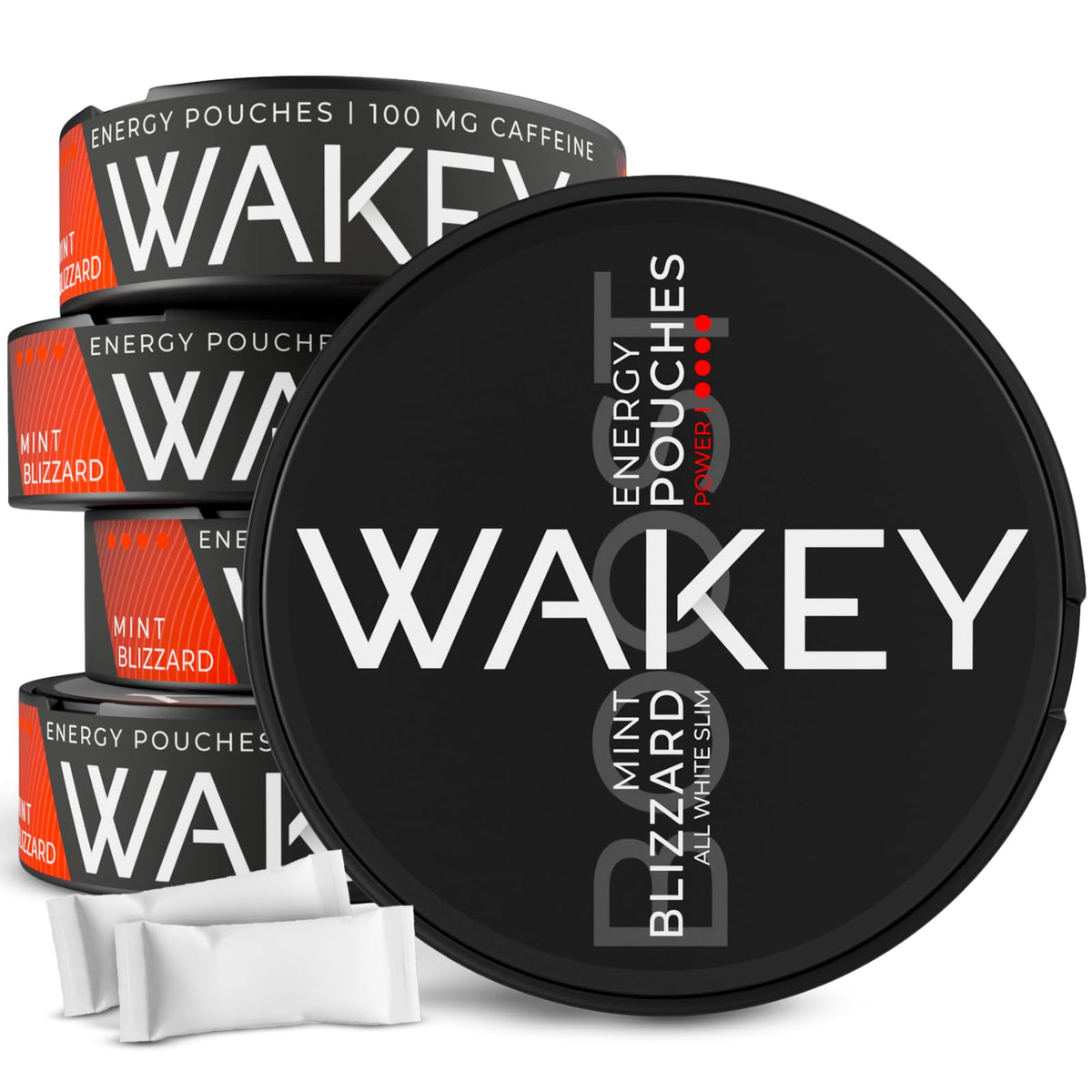 Wakey Energy Pouches Blizzard Mint Boost pack with 20 nicotine-free pouches in a five-pack.