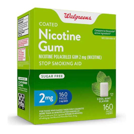 Walgreens coated nicotine gum 2mg mint bottle with 160 count supports cravings relief