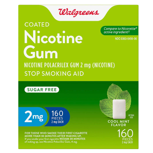 Walgreens gum 2mg mint box highlights convenient packaging for daily quit use