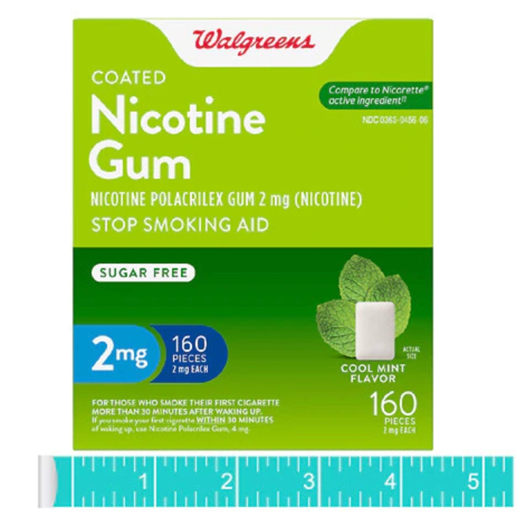 Serving portion of Walgreens 2mg mint gum for discreet use