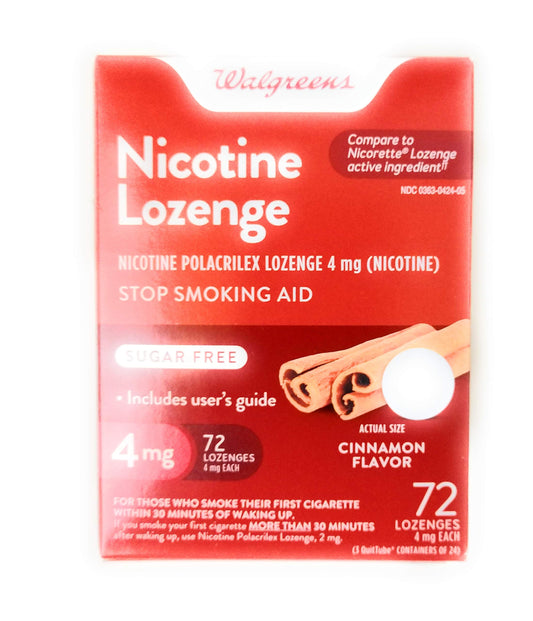 Walgreens nicotine lozenge 4 mg cinnamon front view showing convenient 72-count bottle for on-the-go use