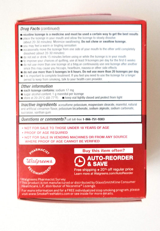 Walgreens nicotine lozenge 4 mg cinnamon package close-up highlights discreet NRT packaging