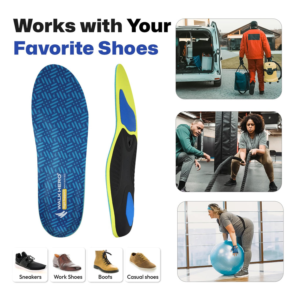 WalkHero insoles inside a shoe, highlighting versatility across boot and sneaker styles.