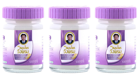 Wang Prom Herbal Balm jar closeup; menthol and camphor provide refreshing feel