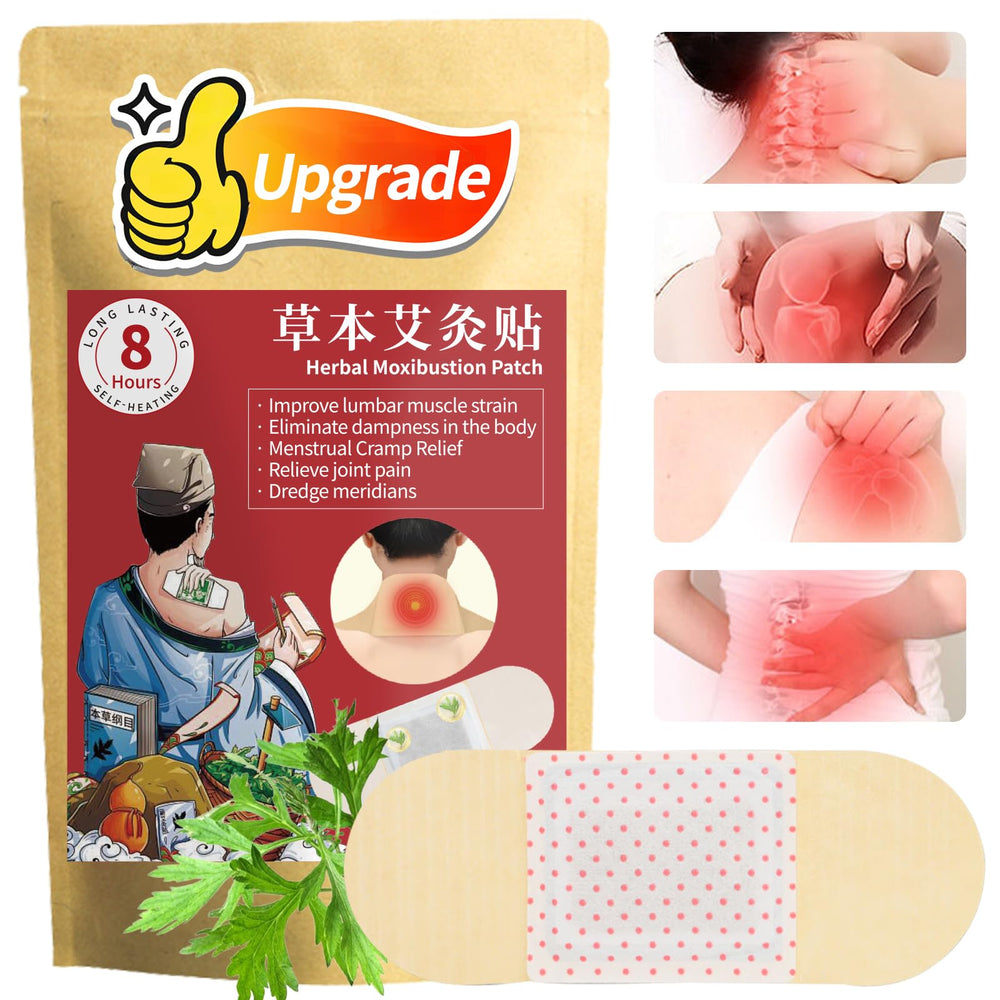 Wanhua Hall hot herbal moxibustion patches packaging shows natural mugwort ingredients for safe warmth.
