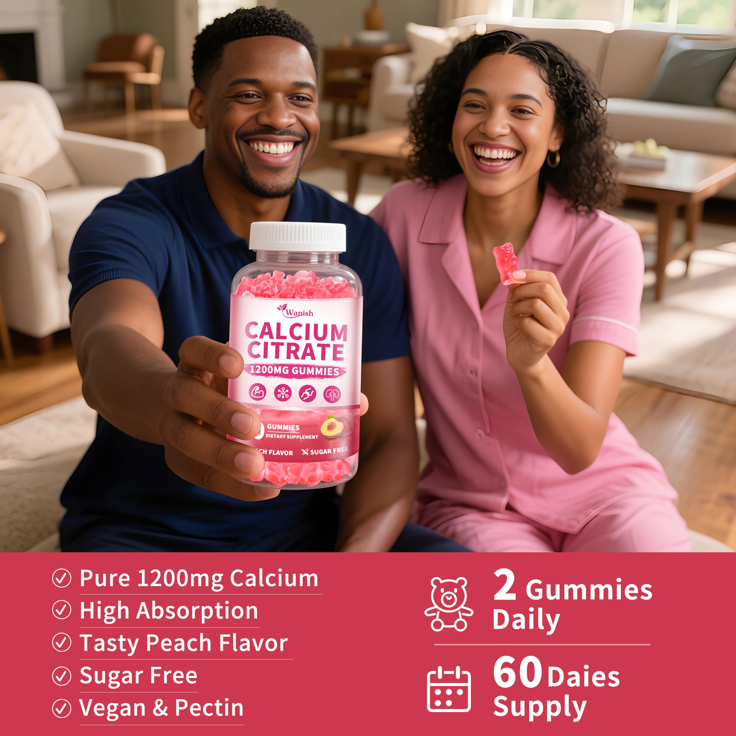 Wanish Calcium Citrate gummies ingredient panel showcases vegan, sugar-free formulation.