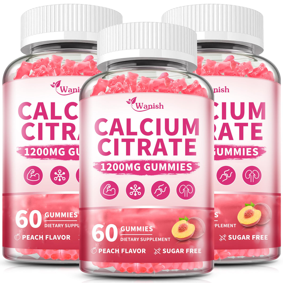 Wanish calcium citrate gummies bottle front, peach flavor, easy daily calcium support