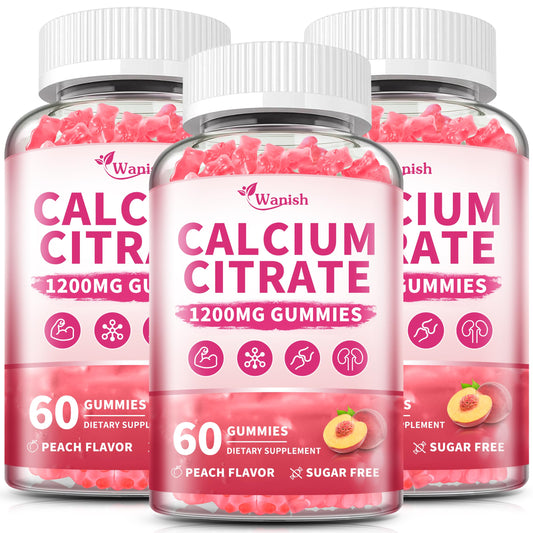 Wanish calcium citrate gummies bottle front, peach flavor, easy daily calcium support