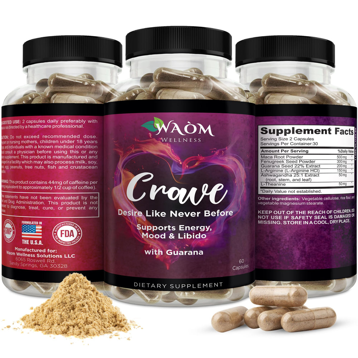 Waòm Wellness Crave bottle closed for convenient daily energy and mood support.