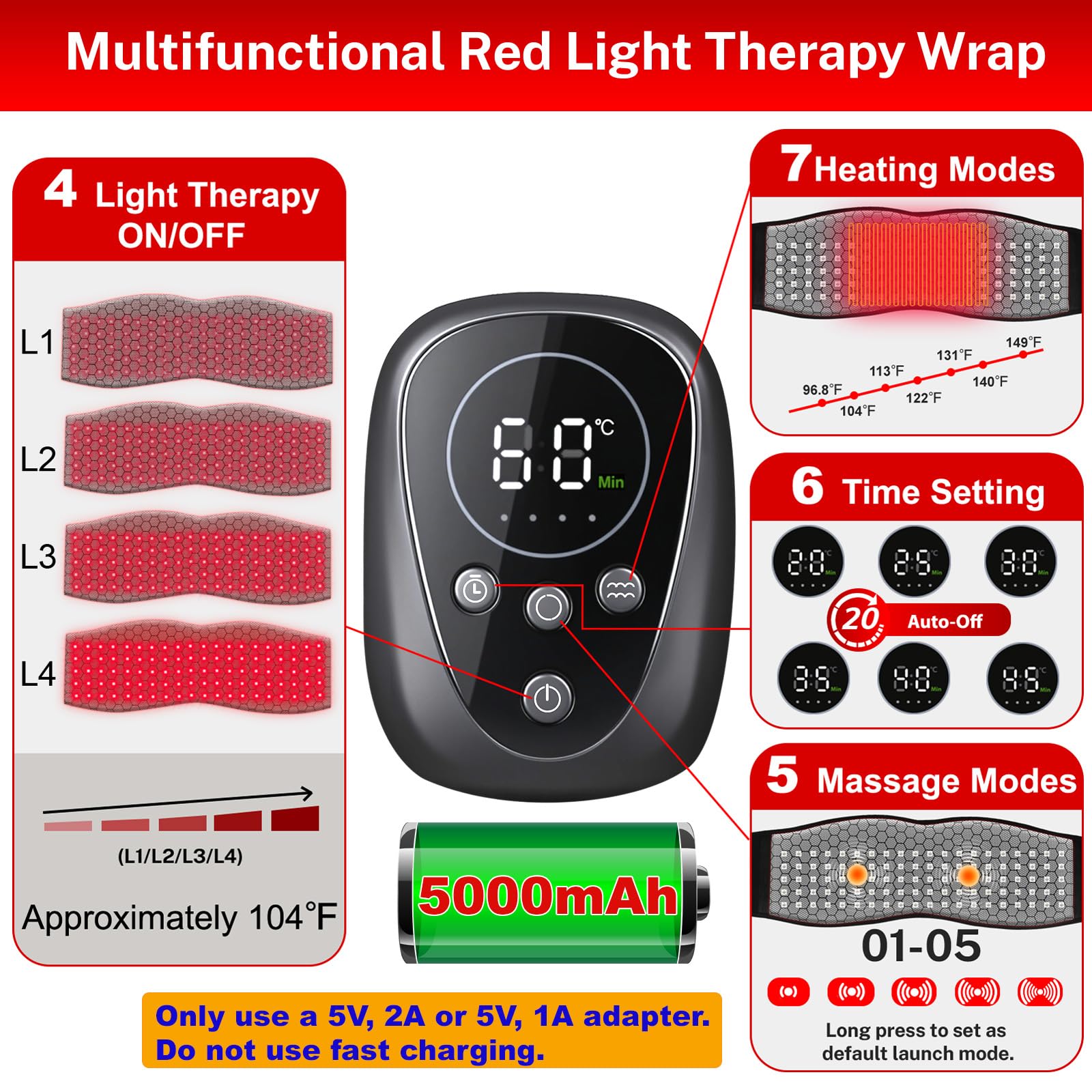 WAPAG red light therapy belt side view with extended belts for coverage