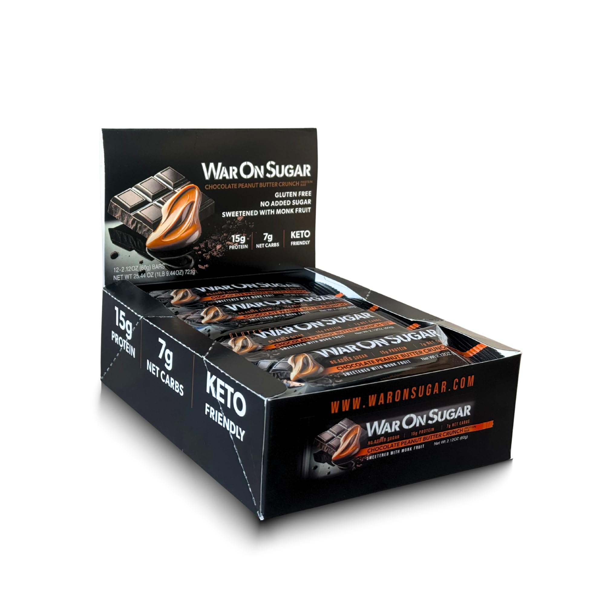 War on Sugar Chocolate Peanut Butter Crunch bar pack shown for on-the-go protein snack.