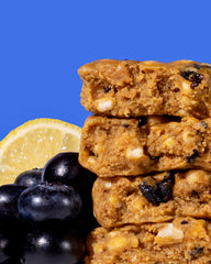 War on Sugar Lemon Blueberry Bar broken to reveal real fruit bits, a satisfying post-workout snack