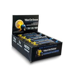 War on Sugar Lemon Blueberry Bar front view showing 15g protein per serving