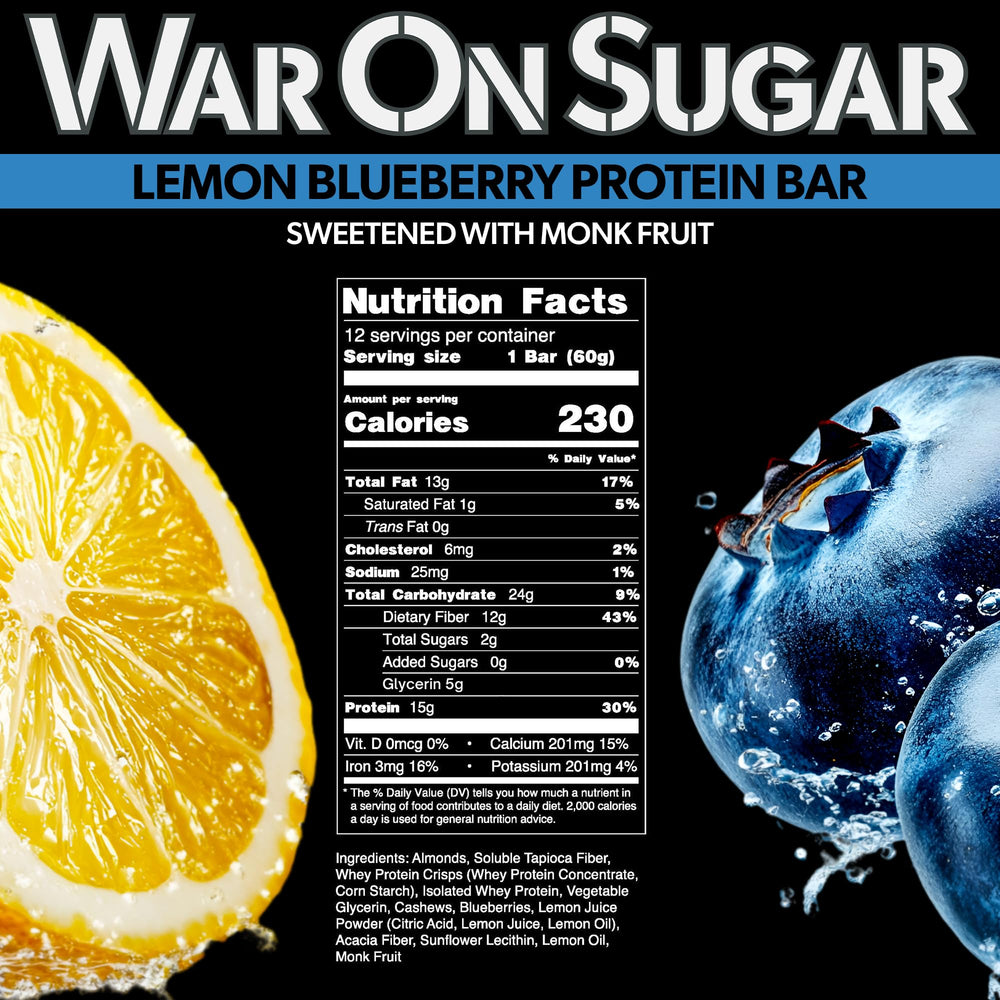 War on Sugar Lemon Blueberry Bar nutrition label highlighting 7g net carbs
