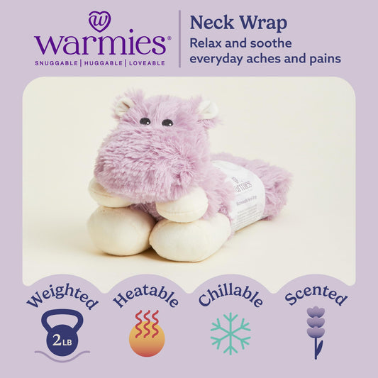Warmies Hippo heats in the microwave for up to two hours of soothing warmth.