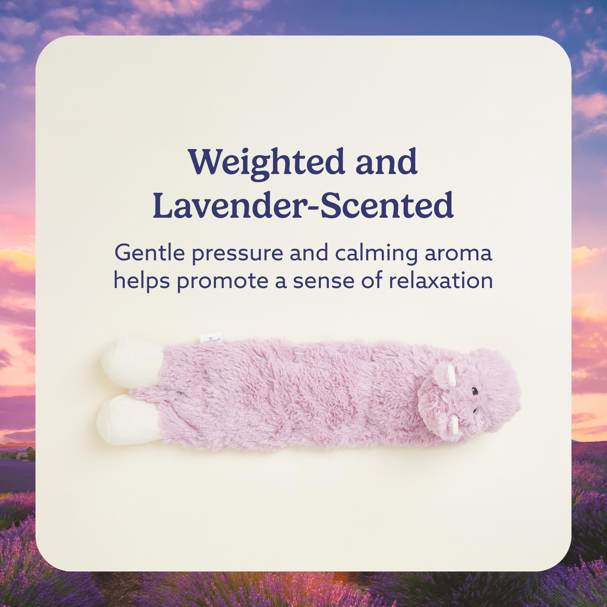 Warmies Hippo weighted pad delivers gentle pressure for relaxation.