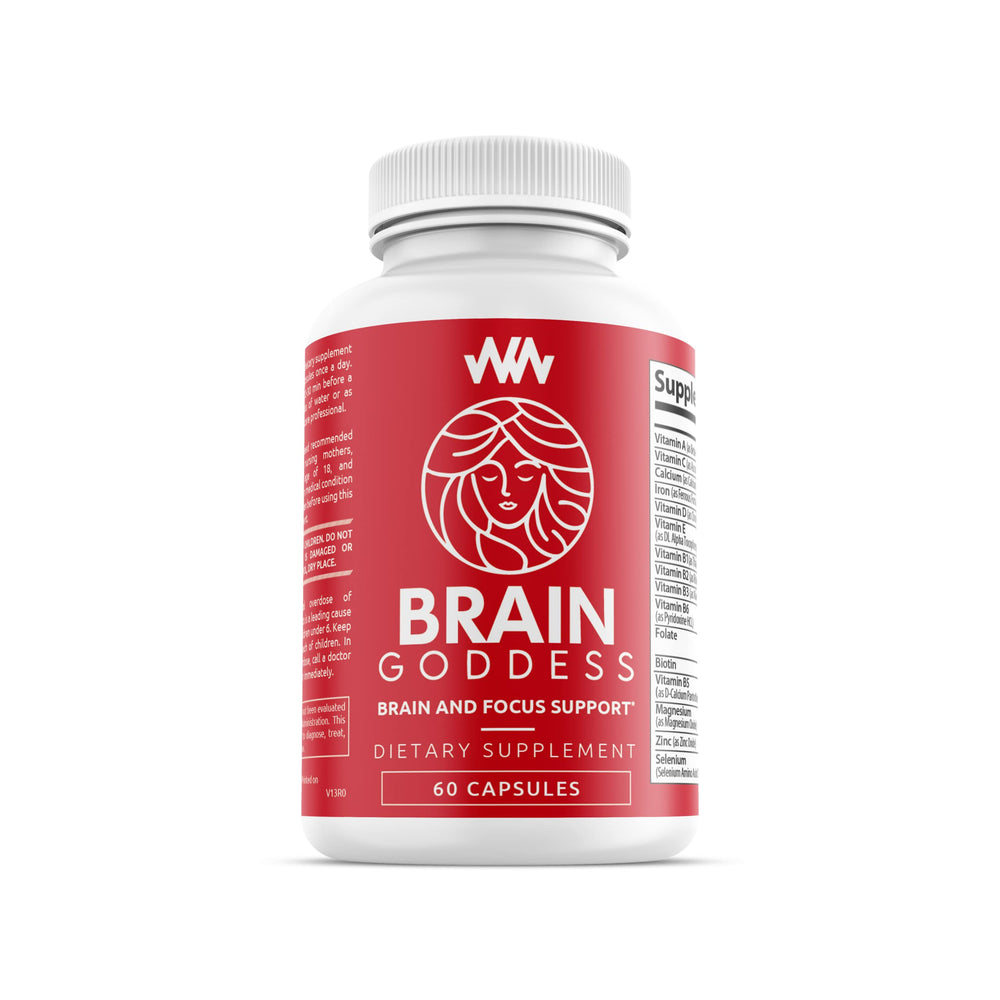 Warped Wellness Brain Goddess bottle beside a laptop supports work-focused attention.