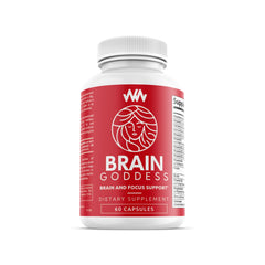 Warped Wellness Brain Goddess bottle beside a laptop supports work-focused attention.