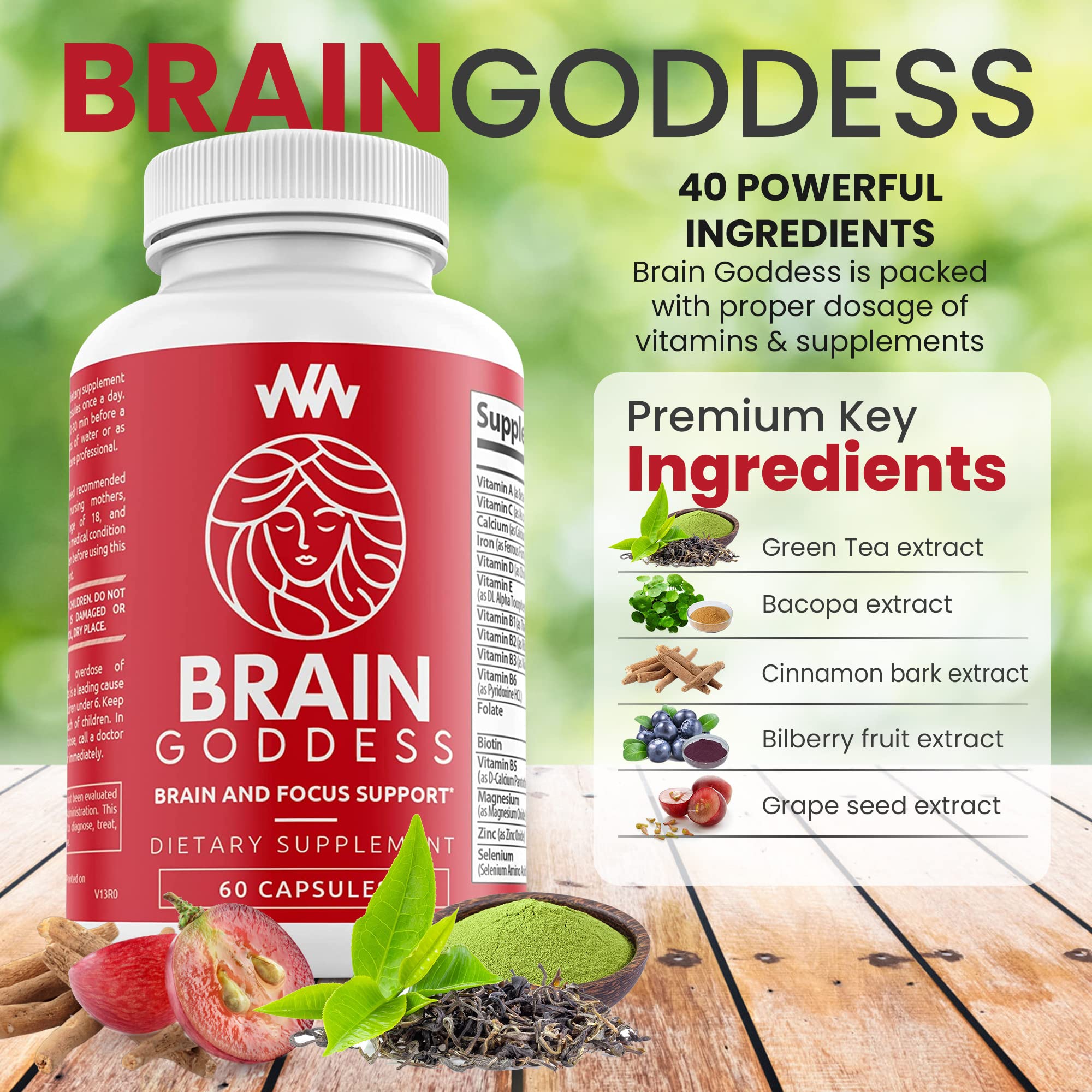 Close-up of Brain Goddess label highlighting Bacopa Monnieri for cognitive support.