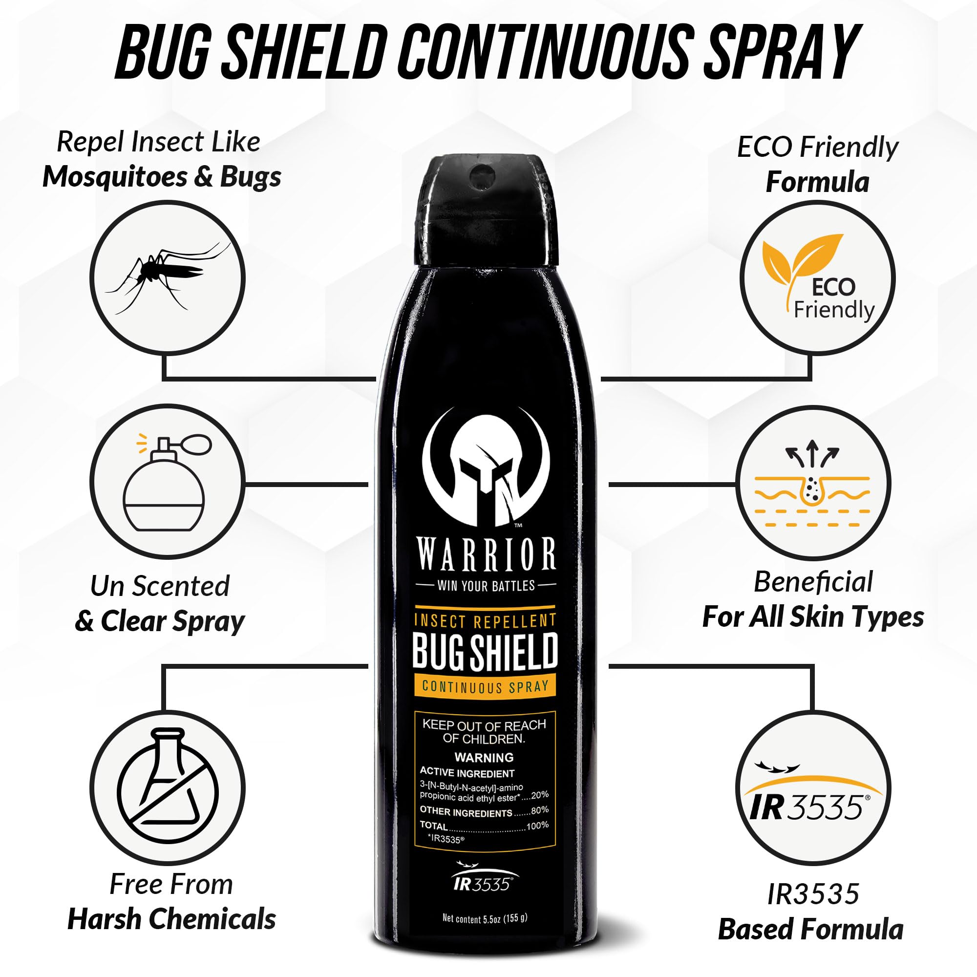 Warrior IR3535-based insect repellent protects against mosquitoes and ticks.