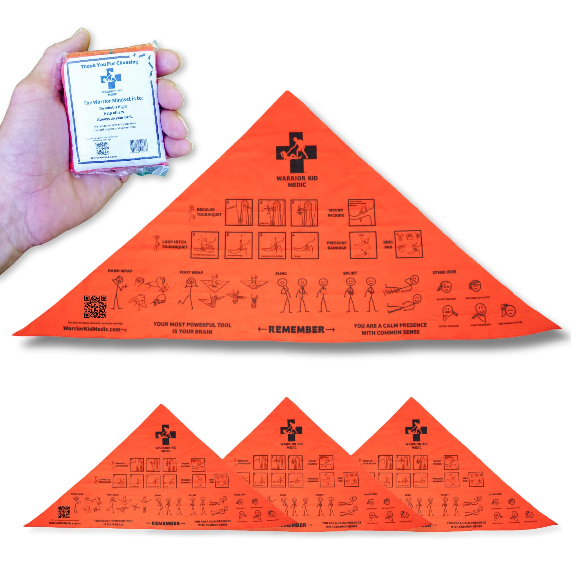Warrior Kid Medic triangular bandage roll ready for quick access in first aid kits.