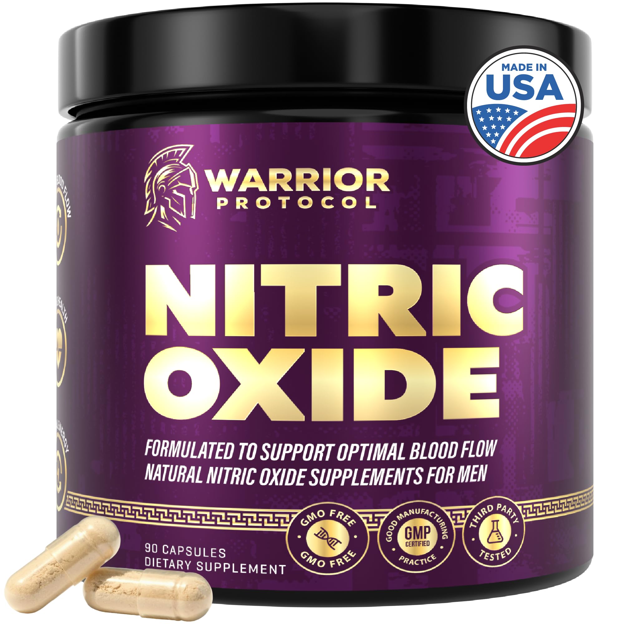 Warrior Protocol Nitric Oxide bottle highlighting energy and circulation
