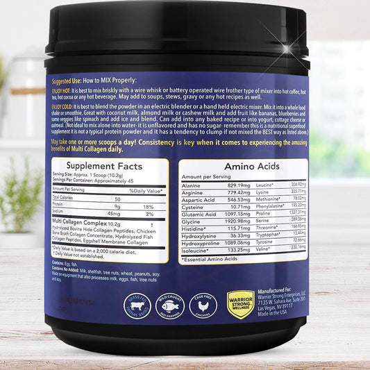 Warrior Strong Wellness collagen powder scoop illustrating a measured daily serving.