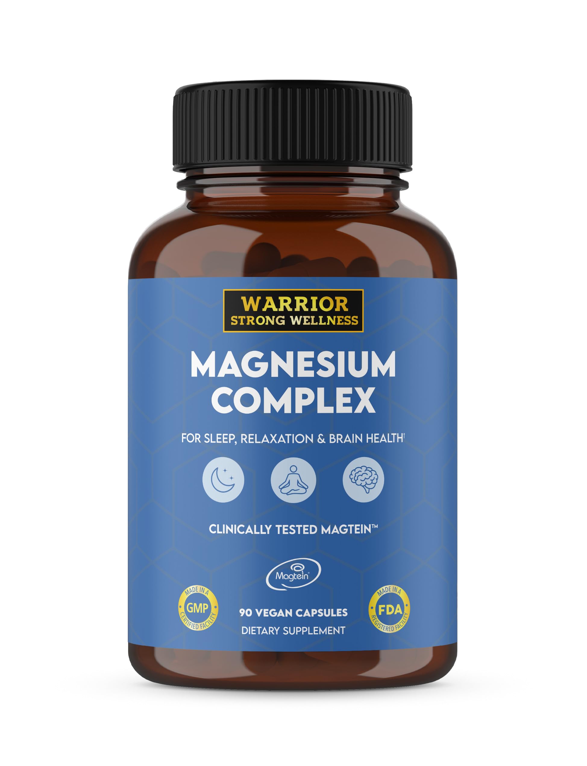 Warrior Strong Wellness Magnesium Complex bottle shows triple blend and high bioavailability.