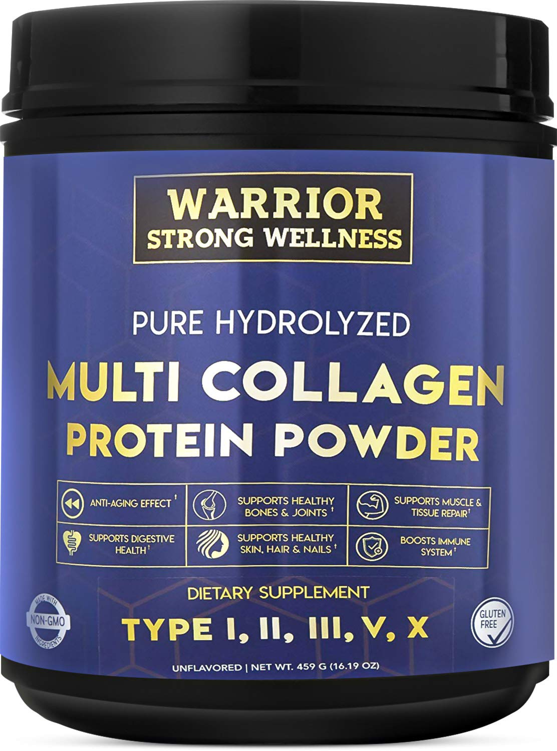 Warrior Strong Wellness Pure hydrolyzed multi-collagen powder bottle for daily convenience and support.