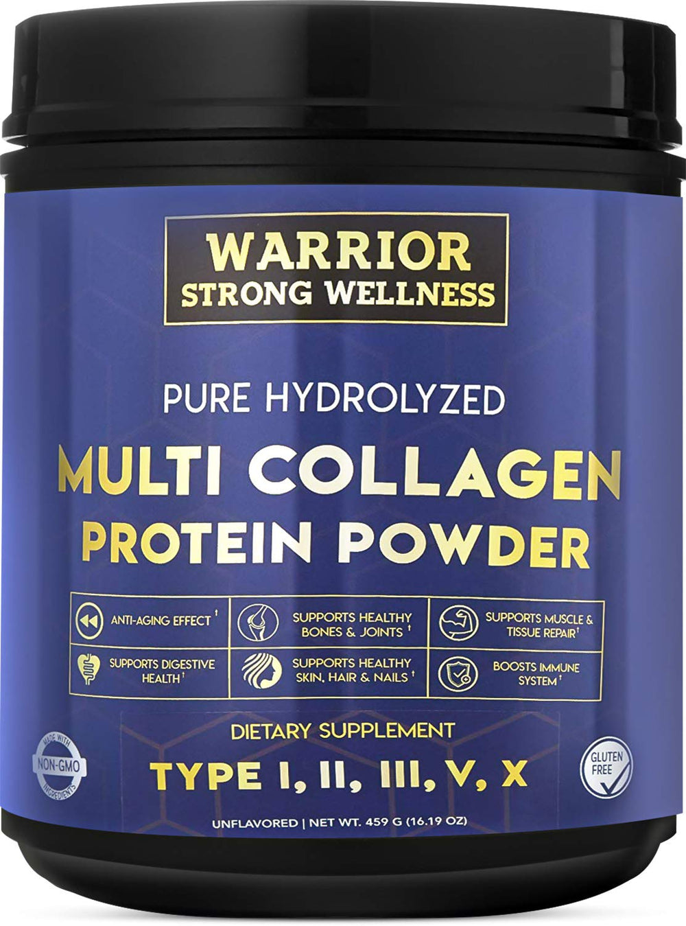 Warrior Strong Wellness Pure hydrolyzed multi-collagen powder bottle for daily convenience and support.